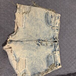 Savanna Jane Light Wash Distressed Jean Shorts with Silver Fringe